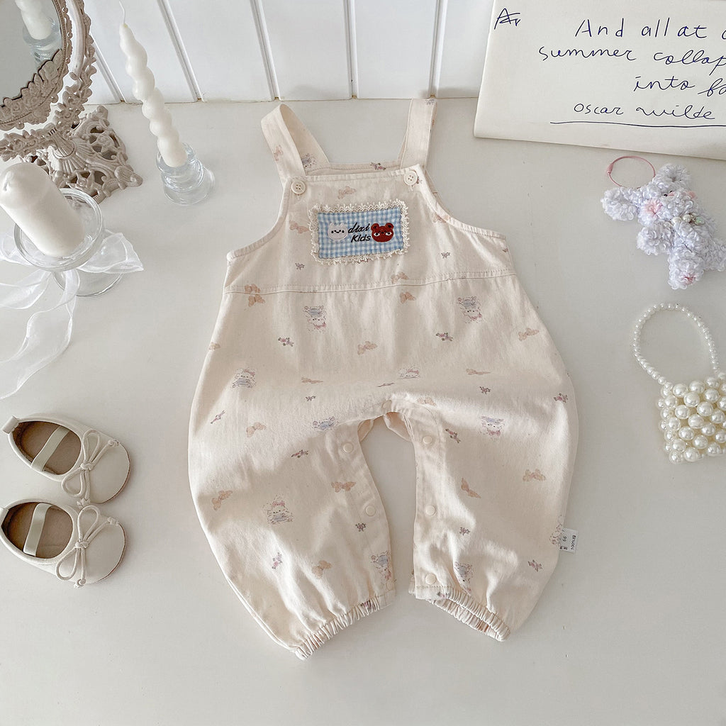 Cute Baby Girl Overalls Set with Applique, Ruffled Collar Bodysuit Two-Piece Outfit