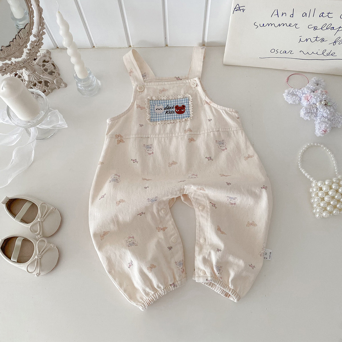 Cute Baby Girl Overalls Set with Applique, Ruffled Collar Bodysuit Two-Piece Outfit