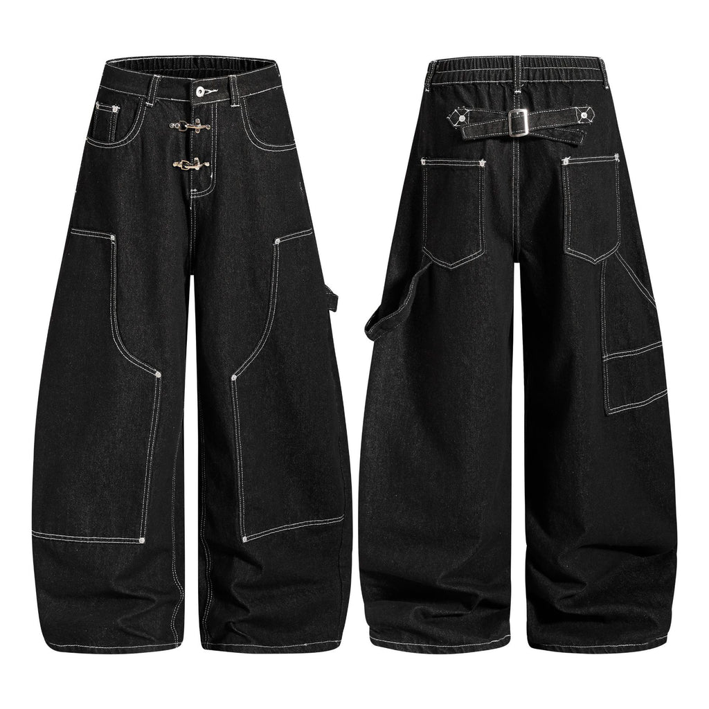 Deconstructed Cargo Denim Jeans Unisex Contrast Stitching Wide Leg Loose Pants with Buckle Belt