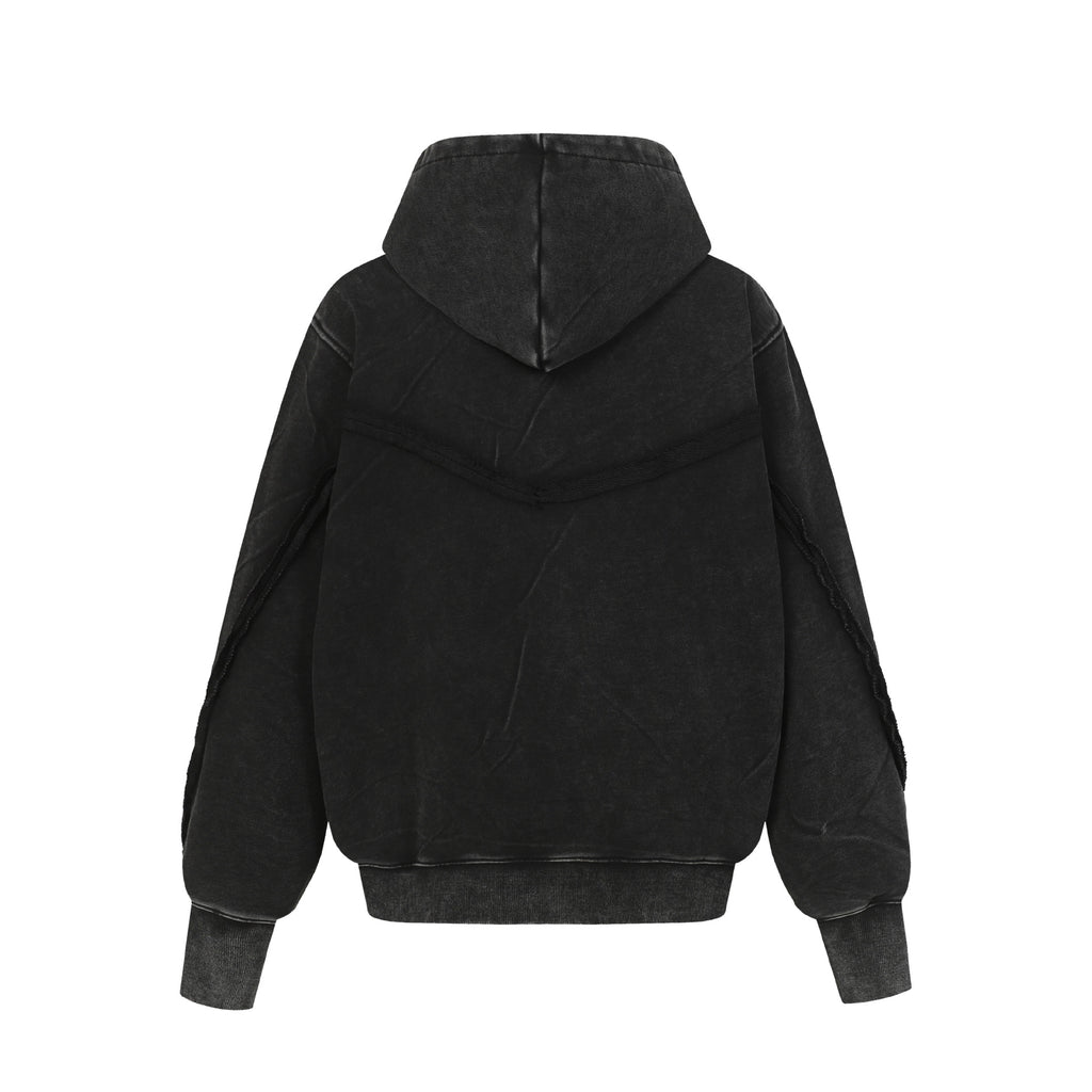 Washed Vintage Diagonal Zipper Deconstructed Frayed Edge Hooded Oversized Paneled Open Front Hoodie Jacket