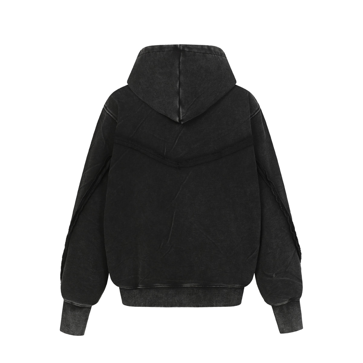 Washed Vintage Diagonal Zipper Deconstructed Frayed Edge Hooded Oversized Paneled Open Front Hoodie Jacket