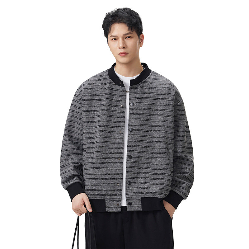 Casual Striped Baseball Collar Open Front Loose Sweatshirt Jacket