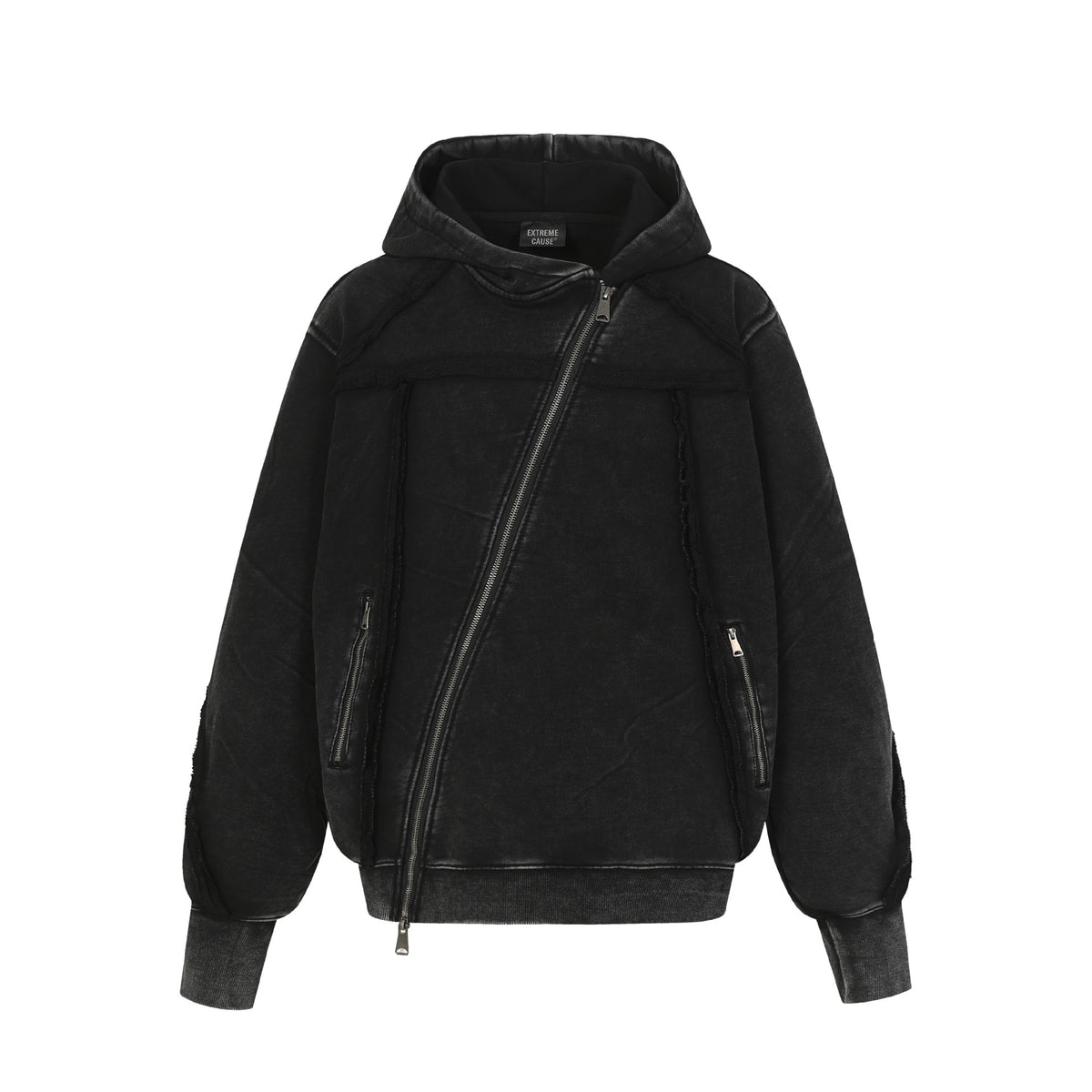 Washed Vintage Diagonal Zipper Deconstructed Frayed Edge Hooded Oversized Paneled Open Front Hoodie Jacket