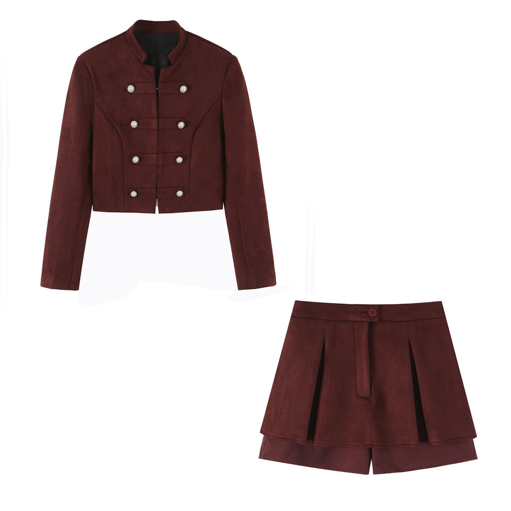 Knot button suede texture suit+half skirt set for women