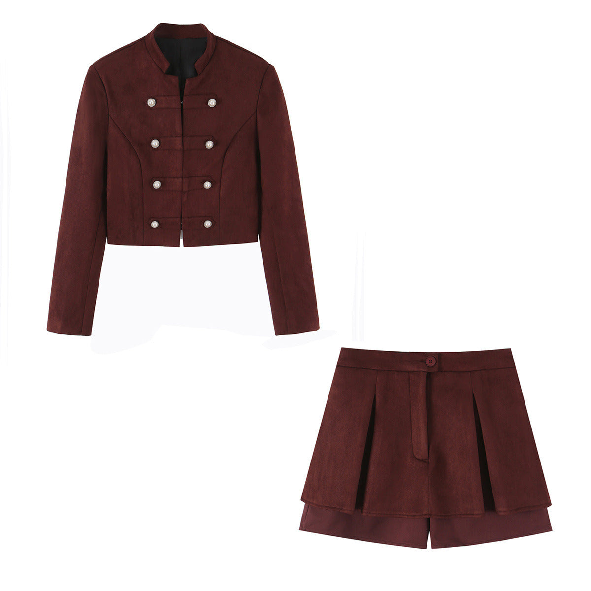 Knot button suede texture suit+half skirt set for women