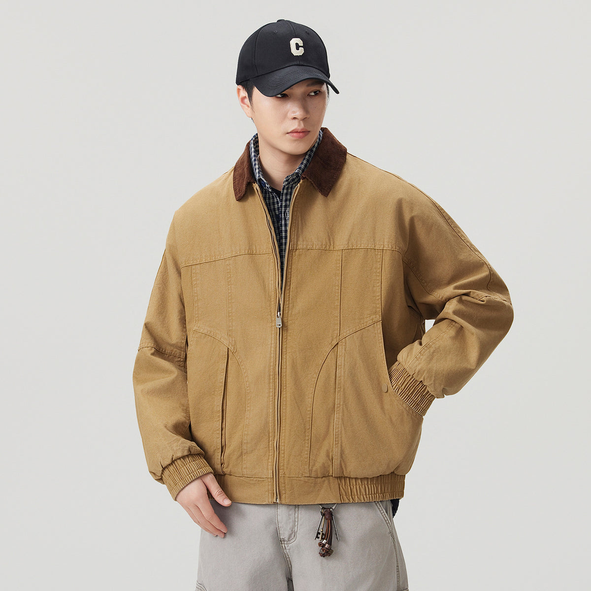 Men's Retro Vintage Workwear Color-Block Corduroy Collared Denim Jacket
