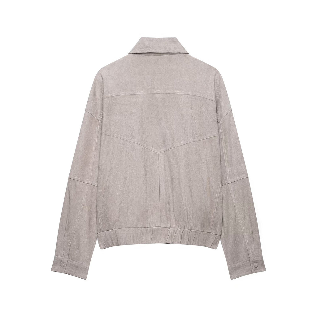 Pocket decoration buckle lapel long sleeved loose jacket women's clothing