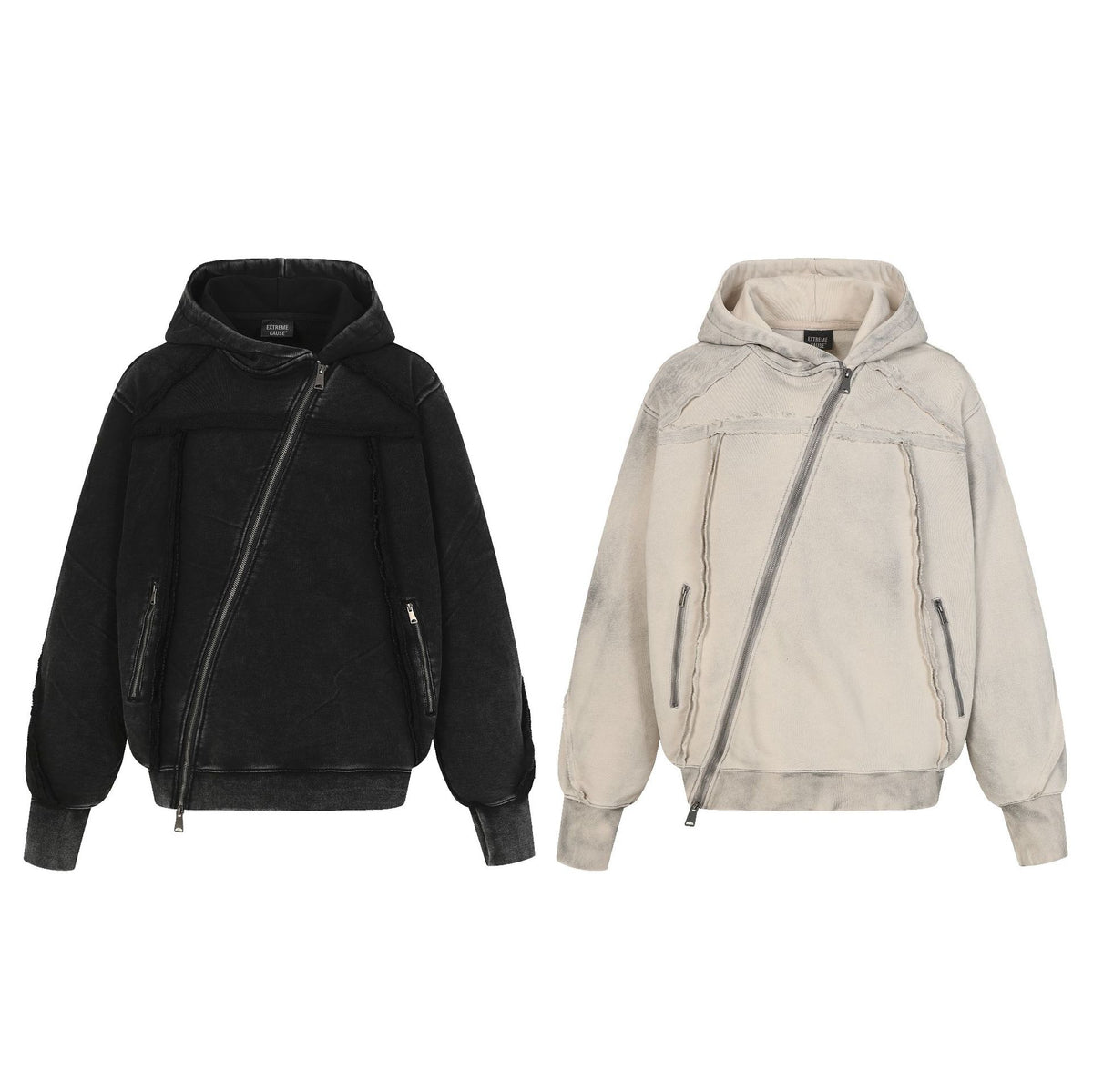 Washed Vintage Diagonal Zipper Deconstructed Frayed Edge Hooded Oversized Paneled Open Front Hoodie Jacket