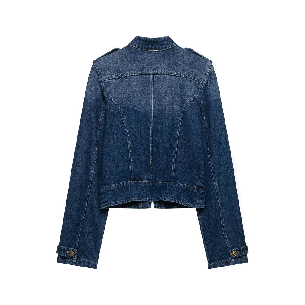 Double row button decoration stand collar denim jacket for women