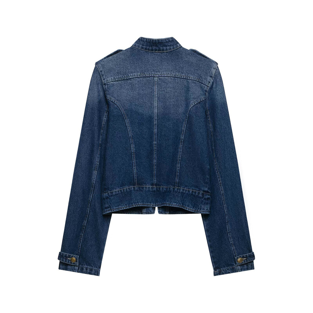 Double row button decoration stand collar denim jacket for women