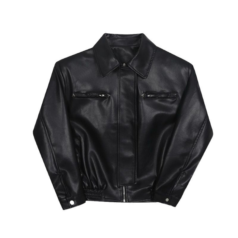 High end PU leather jacket, men's handsome motorcycle suit, loose leather jacket, trendy