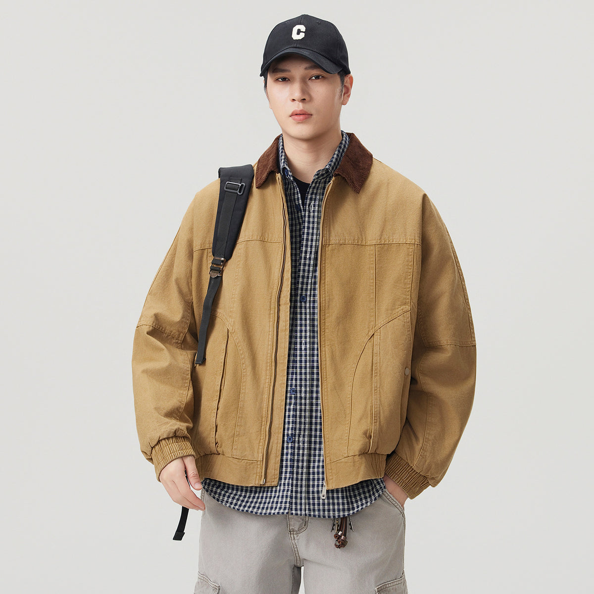 Men's Retro Vintage Workwear Color-Block Corduroy Collared Denim Jacket