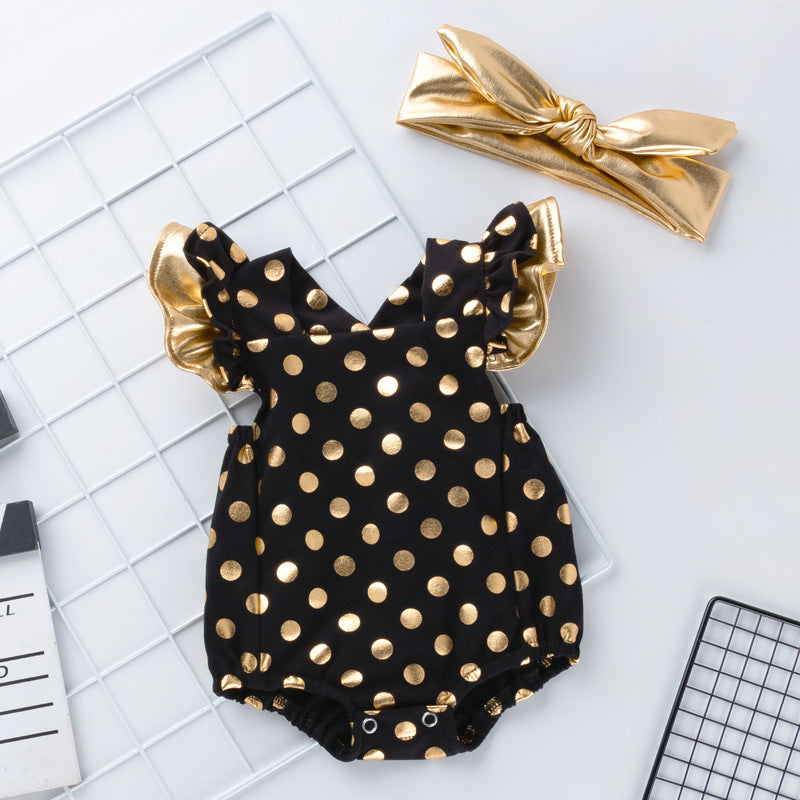 Cute Baby Girl Golden Polka Dot Ruffle Romper with Cross-Back Design Infant Bodysuit