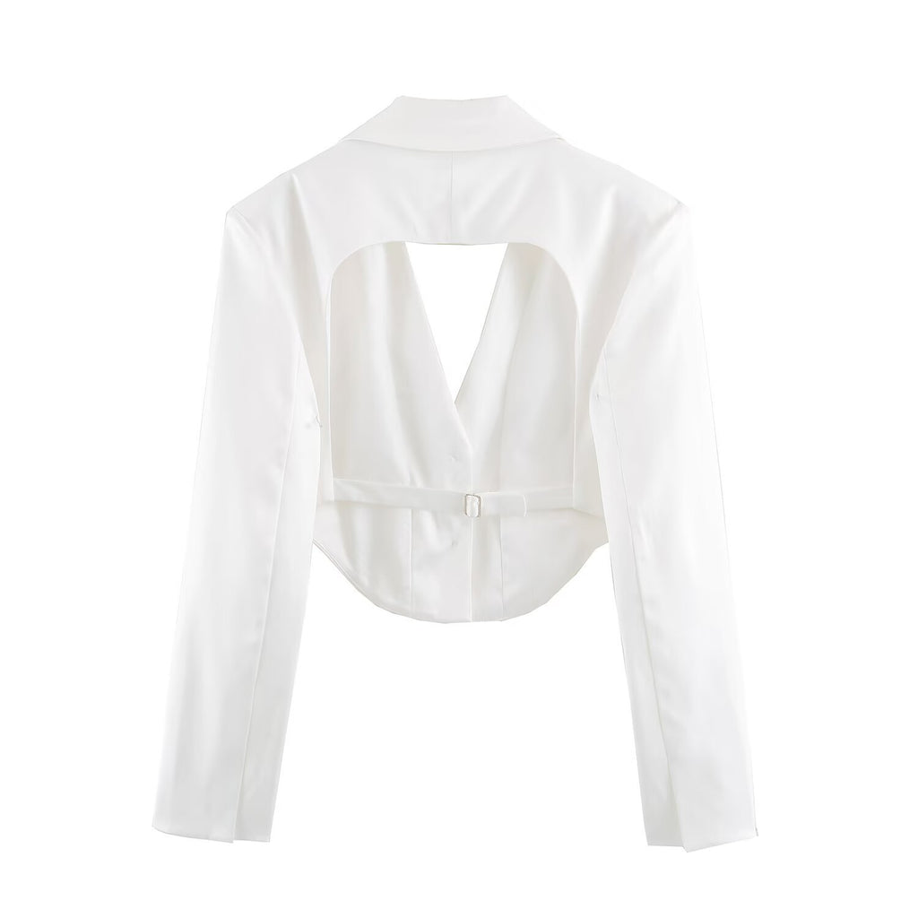 Silk textured backless short suit jacket for women