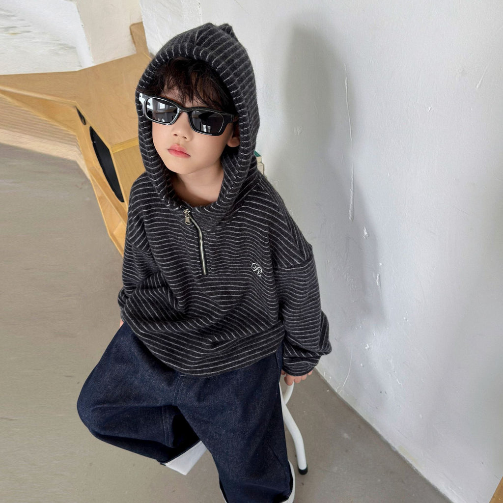 Boys Striped Hooded Fleece Lined Thick Long Sleeve Loose Sweatshirt