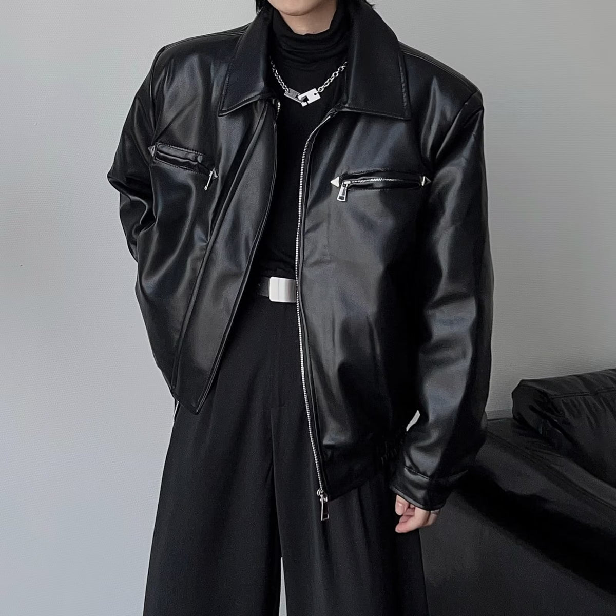High end PU leather jacket, men's handsome motorcycle suit, loose leather jacket, trendy