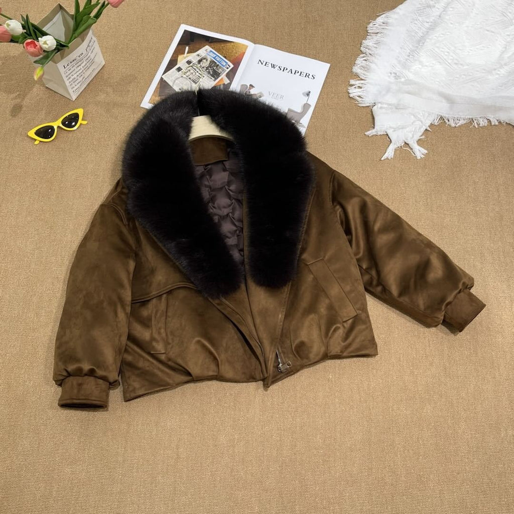 Women's Short Faux Fox Fur Collar Parka Coat