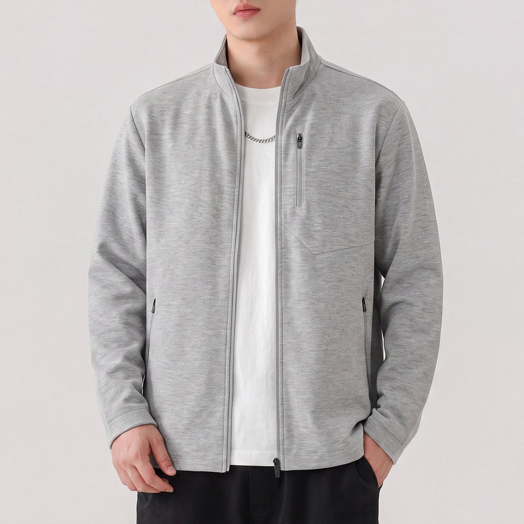 Men's Casual Solid Color Long Sleeve Stand Collar Zip-Up Loose Sweatshirt