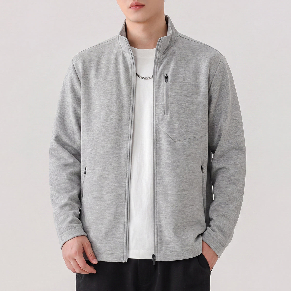 Men's Casual Solid Color Long Sleeve Stand Collar Zip-Up Loose Sweatshirt