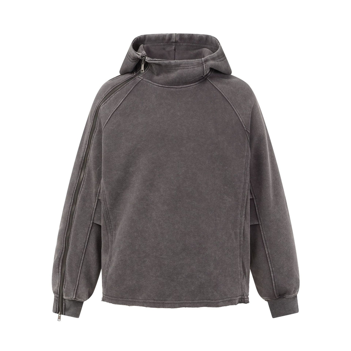 Washed Distressed Deconstructed Long Sleeve High Neck Single-Side Long Zipper Streetwear Sweatshirt