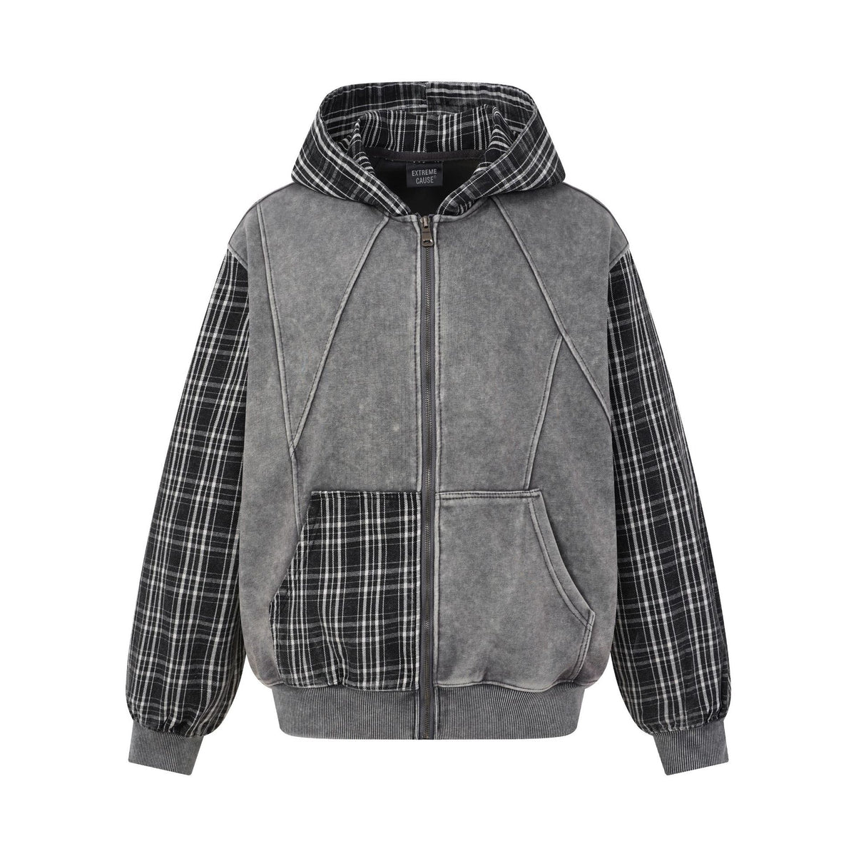 Washed Distressed Color Block Plaid Zip-Up Hooded Sweatshirt Unisex Casual