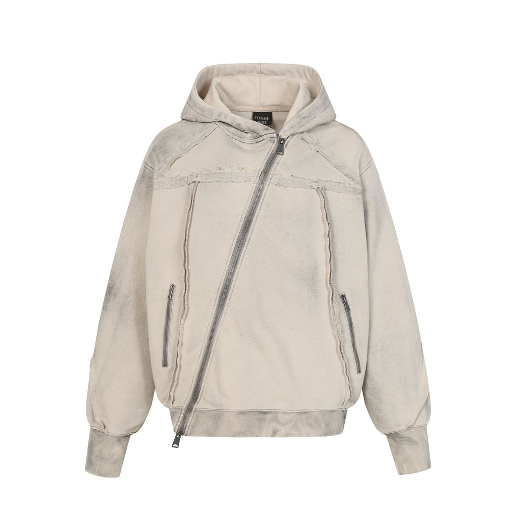 Washed Vintage Diagonal Zipper Deconstructed Frayed Edge Hooded Oversized Paneled Open Front Hoodie Jacket