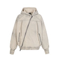 Washed Vintage Diagonal Zipper Deconstructed Frayed Edge Hooded Oversized Paneled Open Front Hoodie Jacket