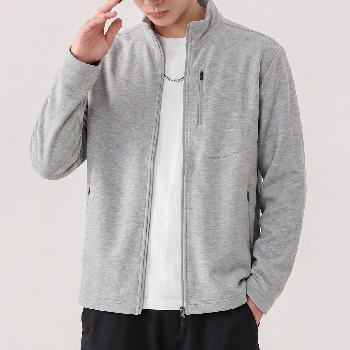 Men's Casual Solid Color Long Sleeve Stand Collar Zip-Up Loose Sweatshirt