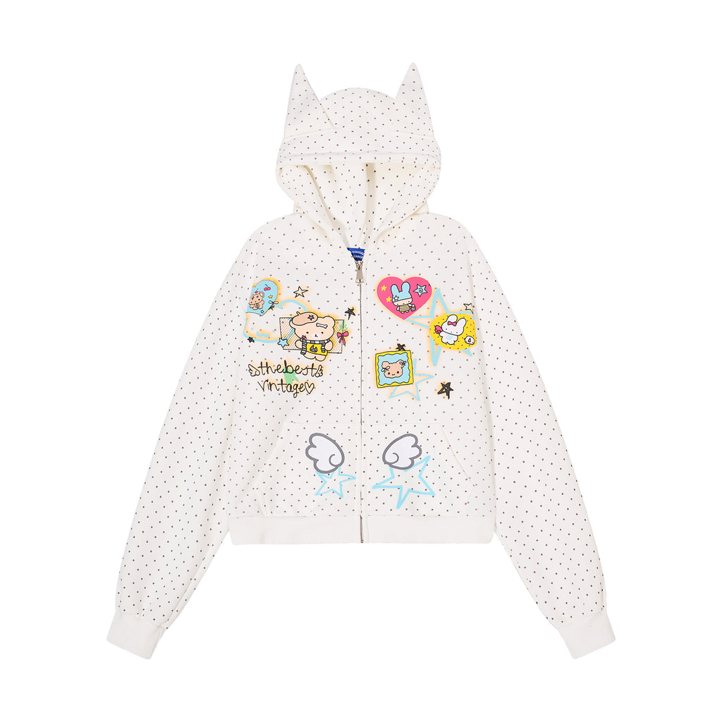 Women's Hooded Cardigan Sweatshirt with Cat Ear Details and Fun Cartoon Polka Dot Print