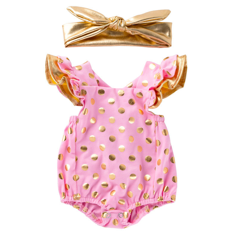 Cute Baby Girl Golden Polka Dot Ruffle Romper with Cross-Back Design Infant Bodysuit