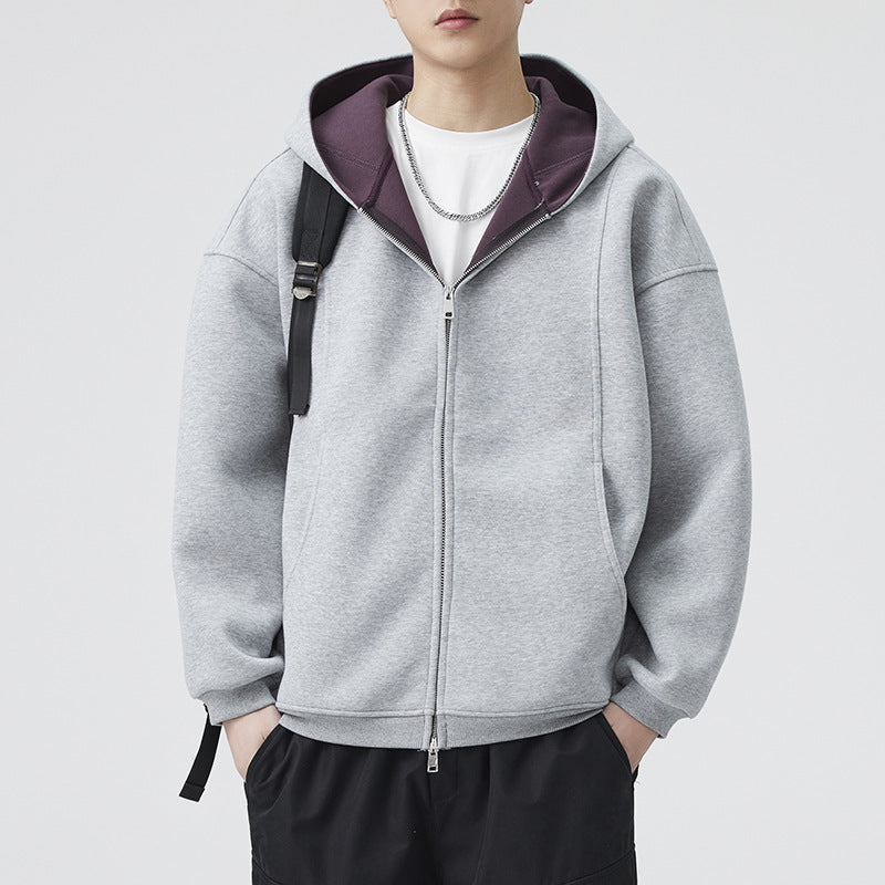 Men's Color Block Hooded Zipper Loose Casual Sports Sweatshirt Jacket