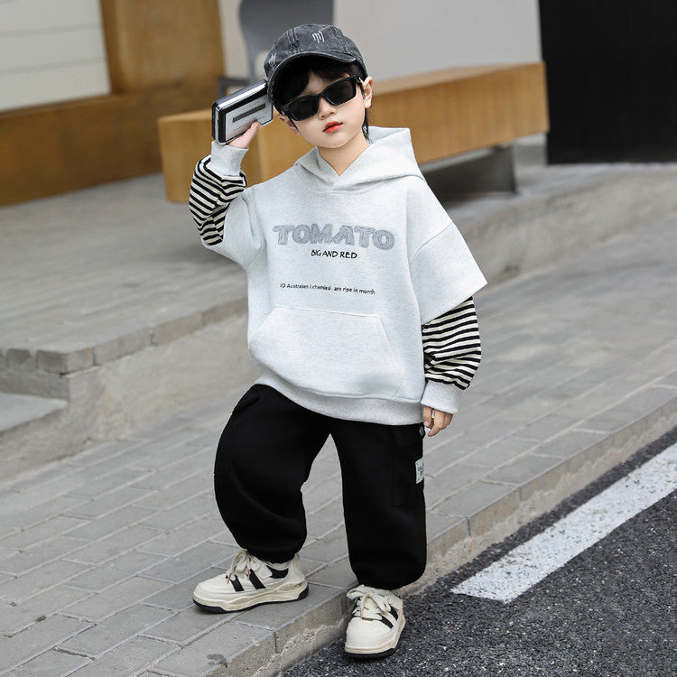 Boys Spring Autumn Sportswear Suit Fake Two-Piece Hoodie Set