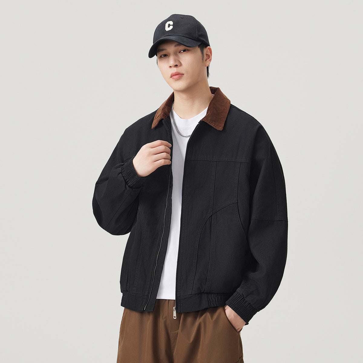Men's Retro Vintage Workwear Color-Block Corduroy Collared Denim Jacket