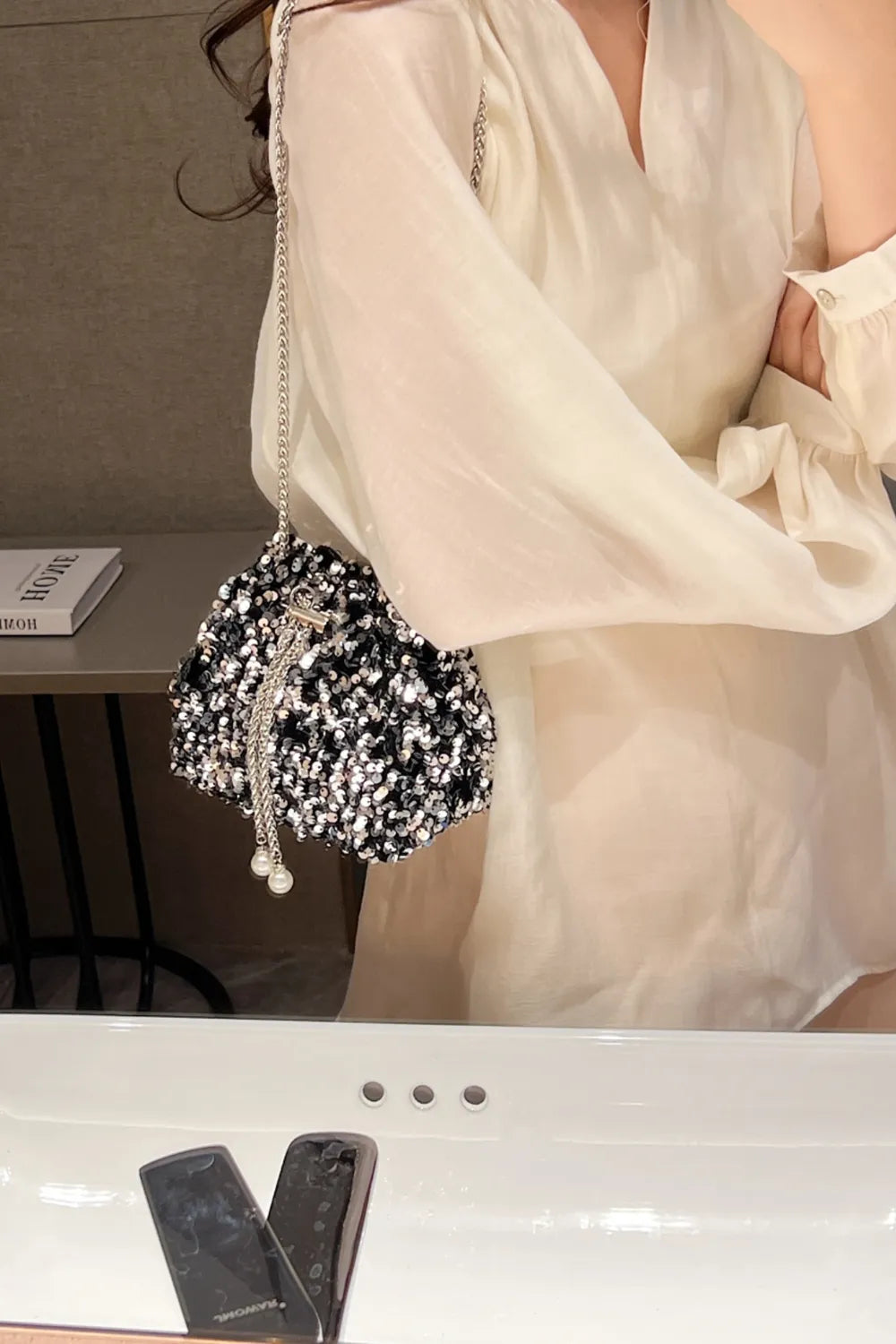 Sequin Chain Drawstring Bucket Bag