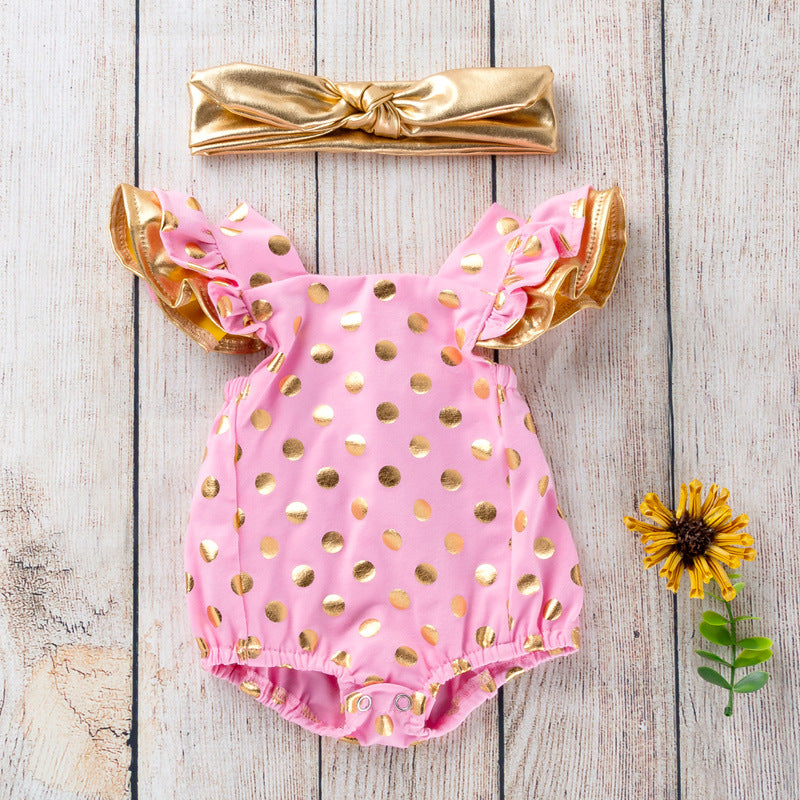 Cute Baby Girl Golden Polka Dot Ruffle Romper with Cross-Back Design Infant Bodysuit
