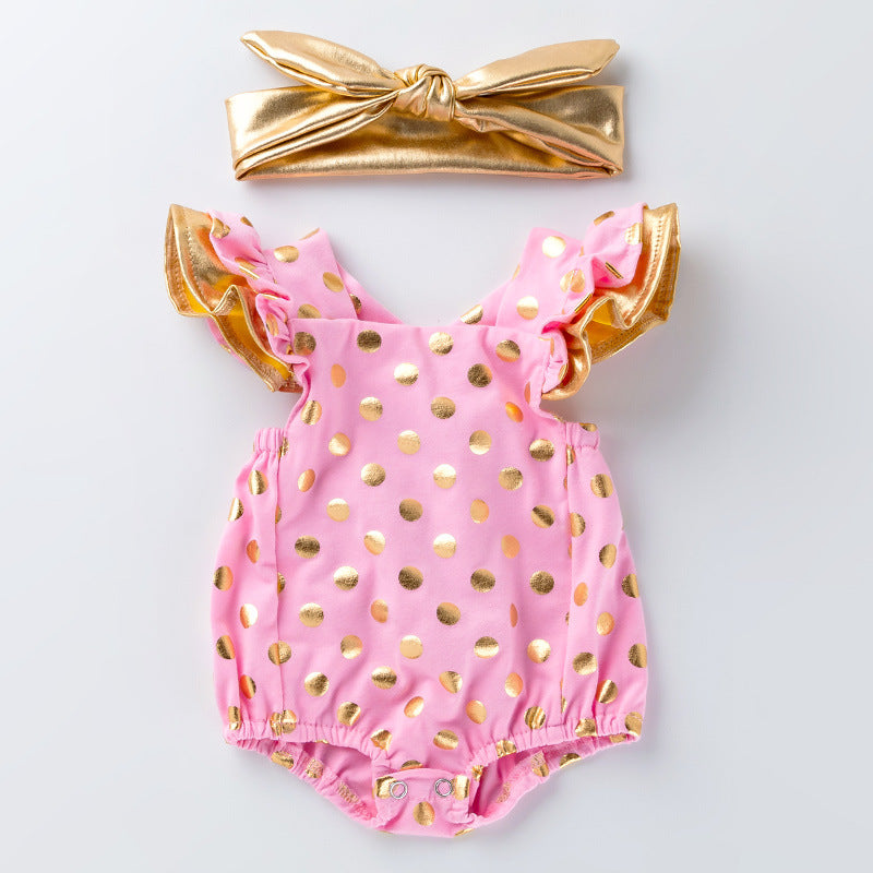 Cute Baby Girl Golden Polka Dot Ruffle Romper with Cross-Back Design Infant Bodysuit