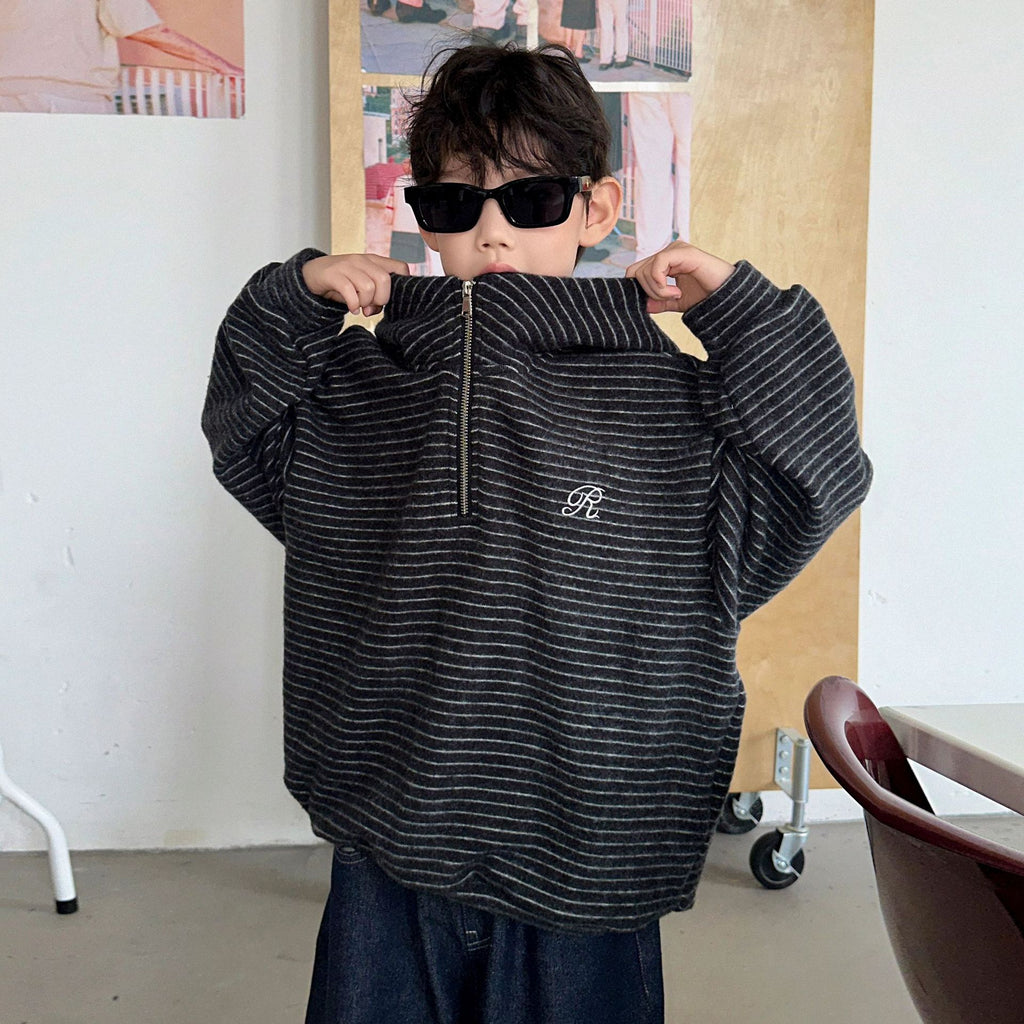Boys Striped Hooded Fleece Lined Thick Long Sleeve Loose Sweatshirt