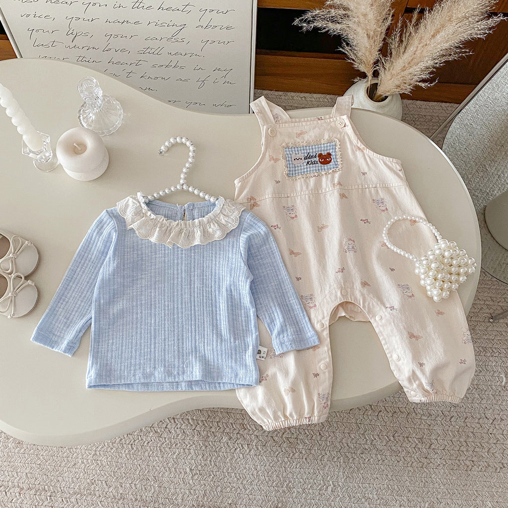 Cute Baby Girl Overalls Set with Applique, Ruffled Collar Bodysuit Two-Piece Outfit
