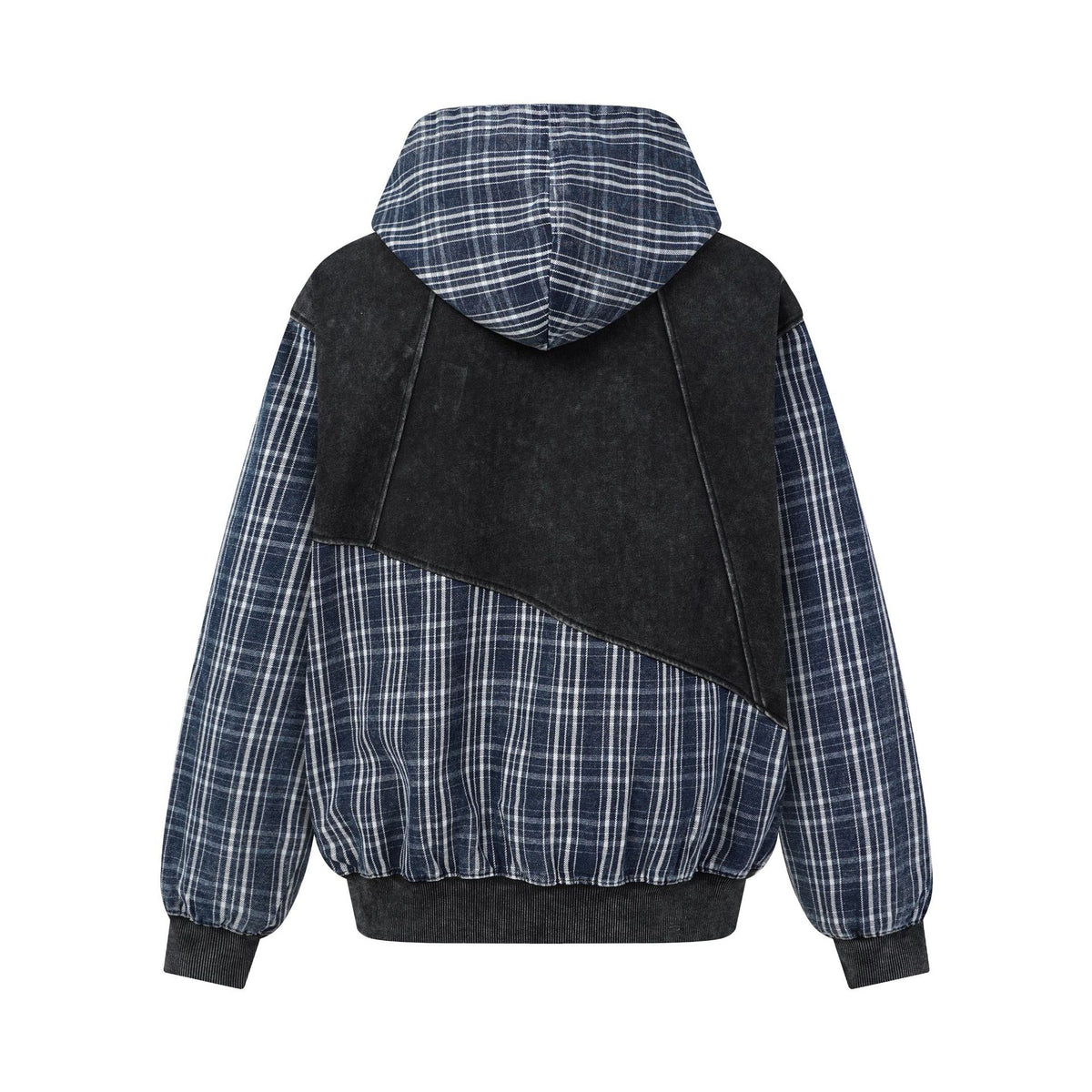 Washed Distressed Color Block Plaid Zip-Up Hooded Sweatshirt Unisex Casual