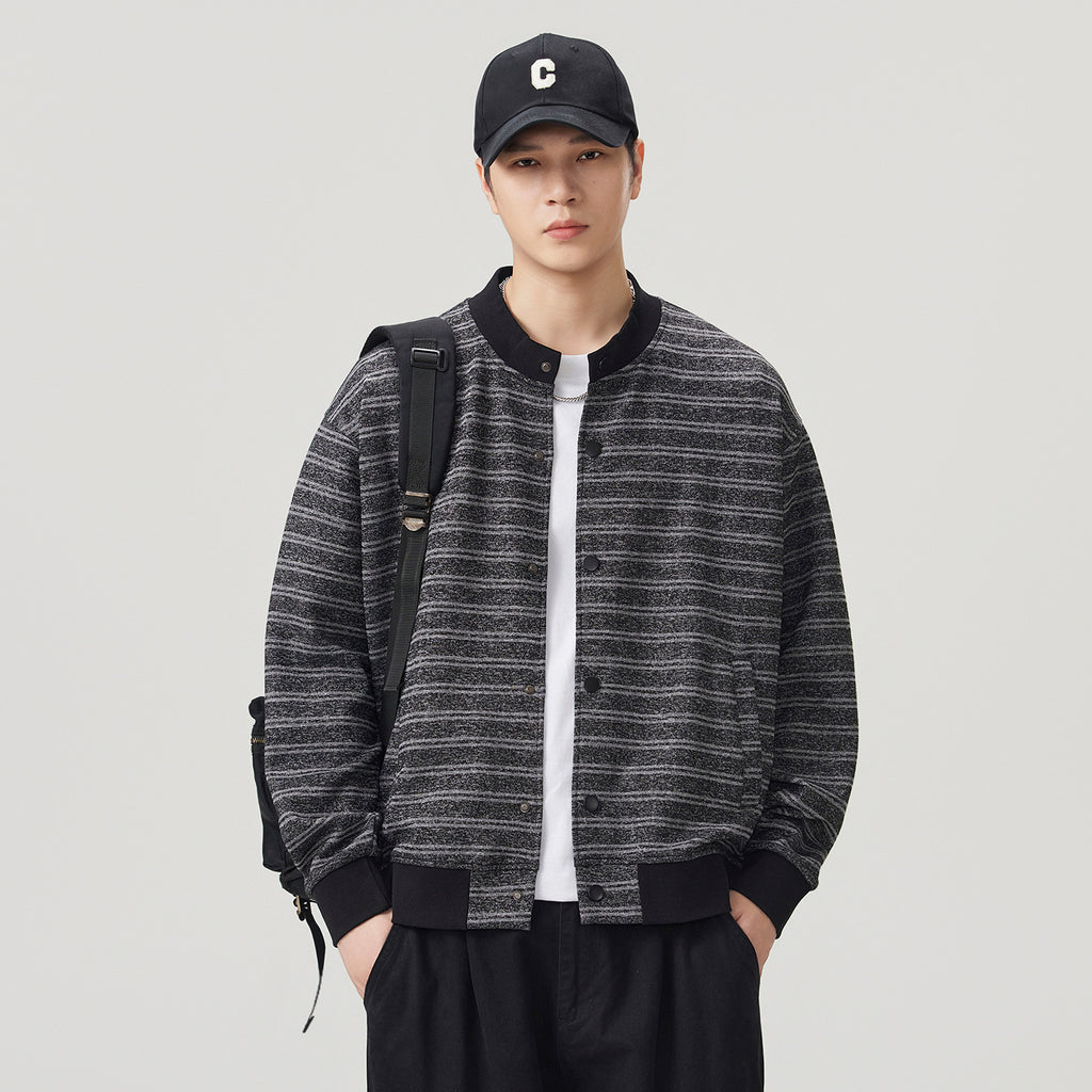 Casual Striped Baseball Collar Open Front Loose Sweatshirt Jacket