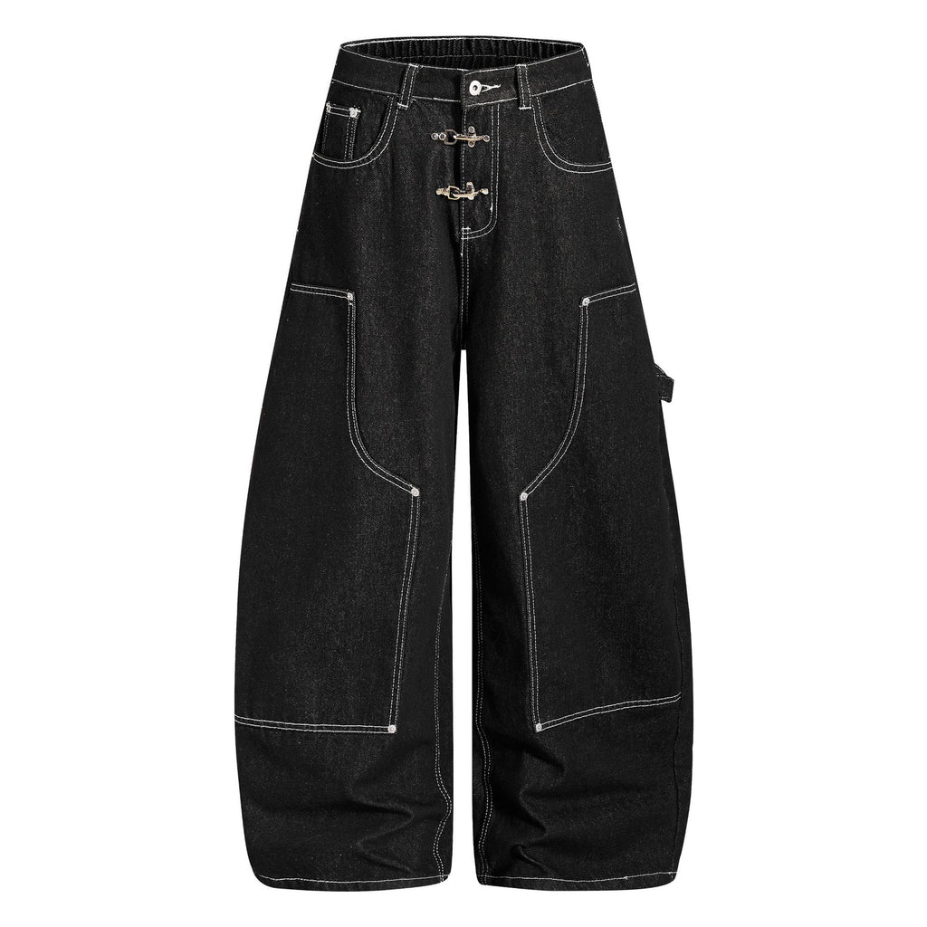 Deconstructed Cargo Denim Jeans Unisex Contrast Stitching Wide Leg Loose Pants with Buckle Belt
