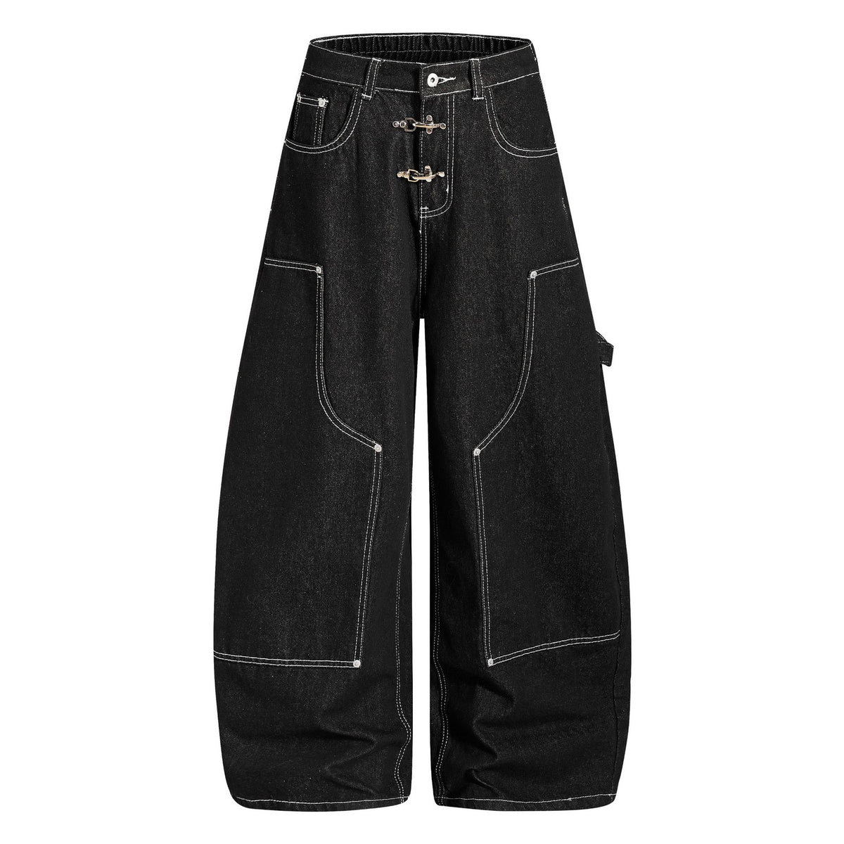 Deconstructed Cargo Denim Jeans Unisex Contrast Stitching Wide Leg Loose Pants with Buckle Belt