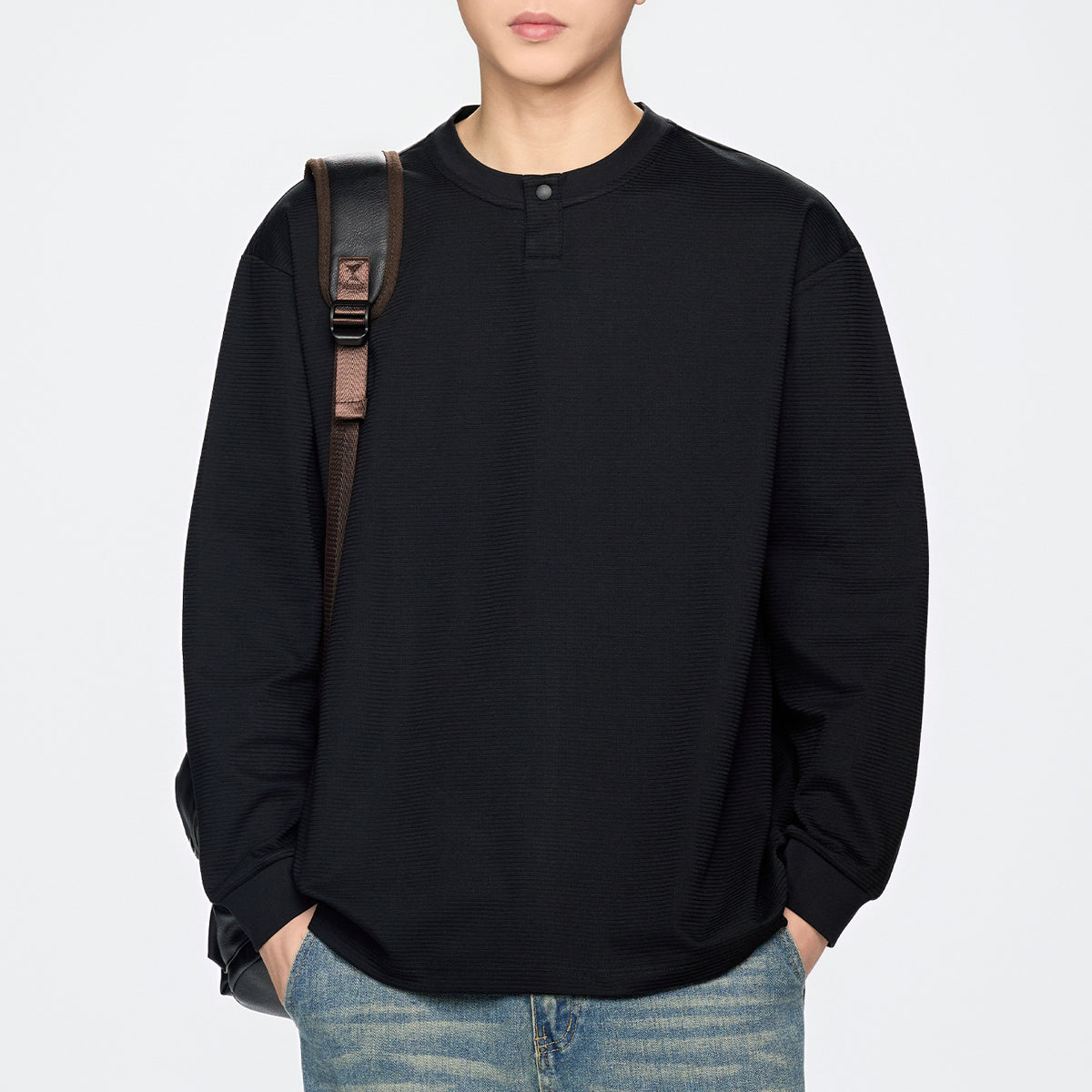Retro Textured Long Sleeve Henley Neck Men's T-Shirt