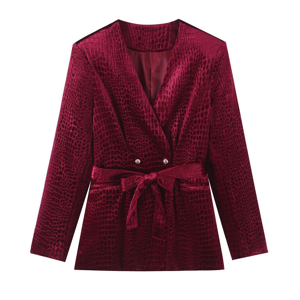 Velvet embossed V-neck suit+pants set for women