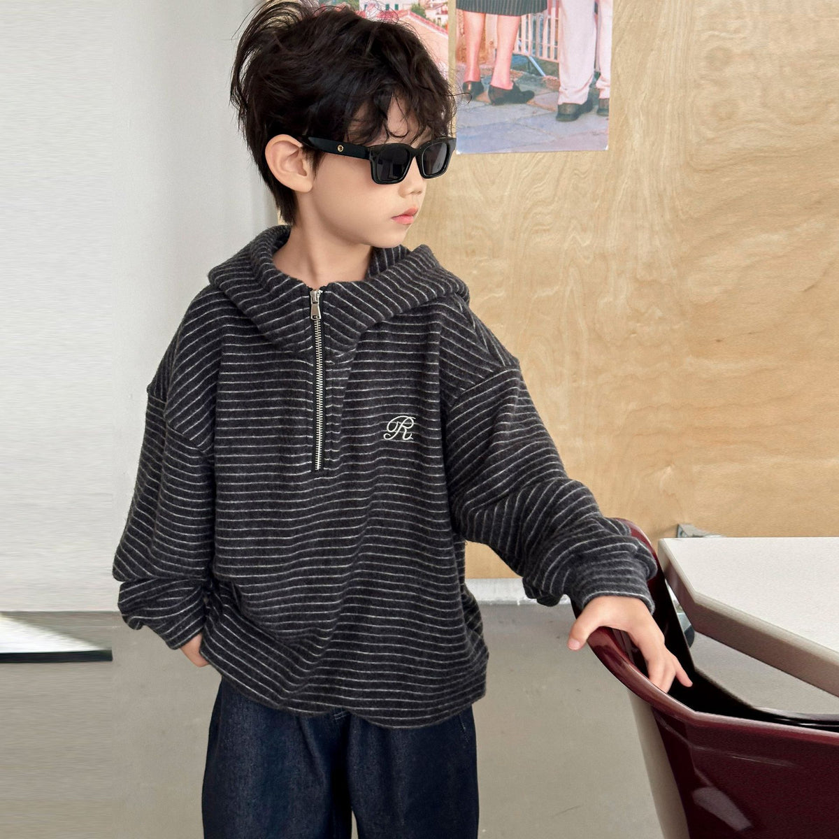 Boys Striped Hooded Fleece Lined Thick Long Sleeve Loose Sweatshirt