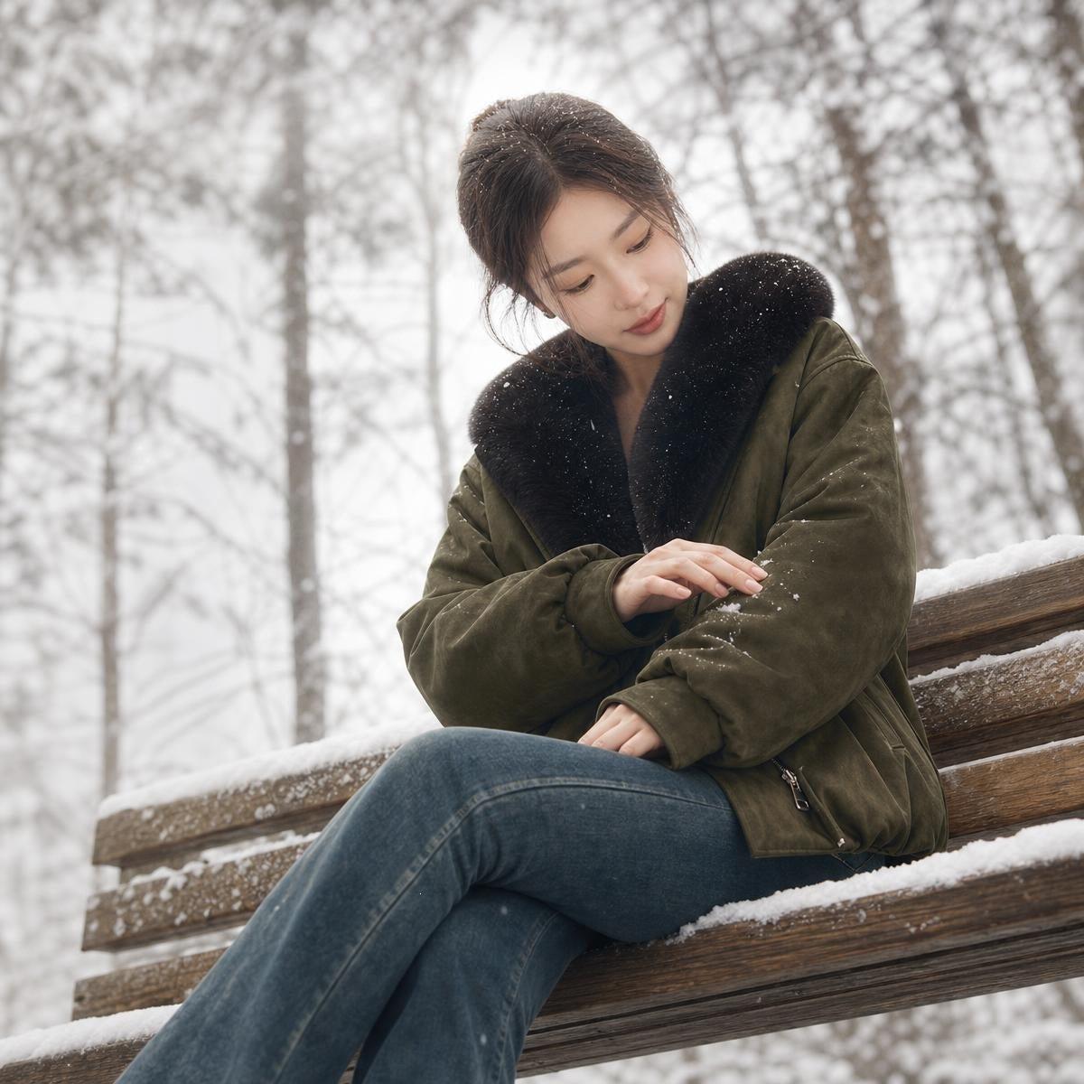 Women's Short Faux Fox Fur Collar Parka Coat