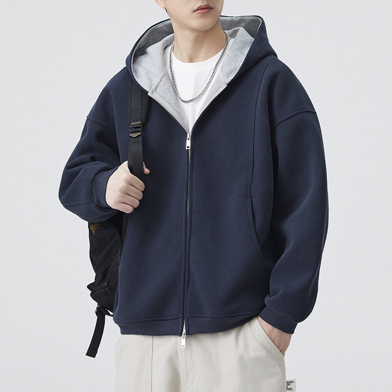 Men's Color Block Hooded Zipper Loose Casual Sports Sweatshirt Jacket