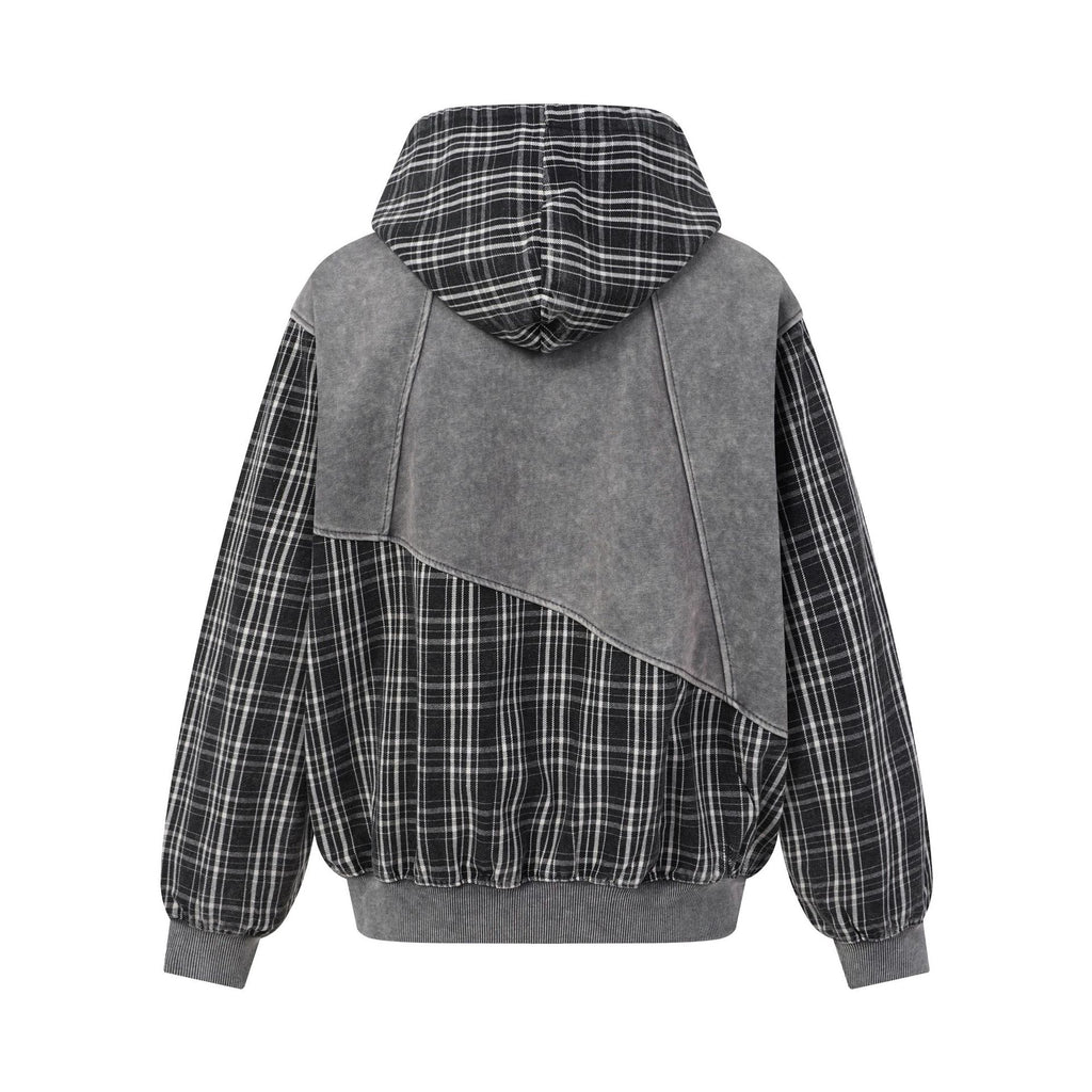 Washed Distressed Color Block Plaid Zip-Up Hooded Sweatshirt Unisex Casual