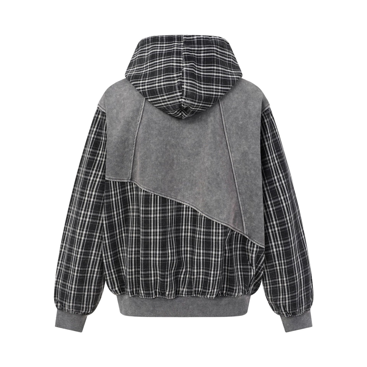 Washed Distressed Color Block Plaid Zip-Up Hooded Sweatshirt Unisex Casual