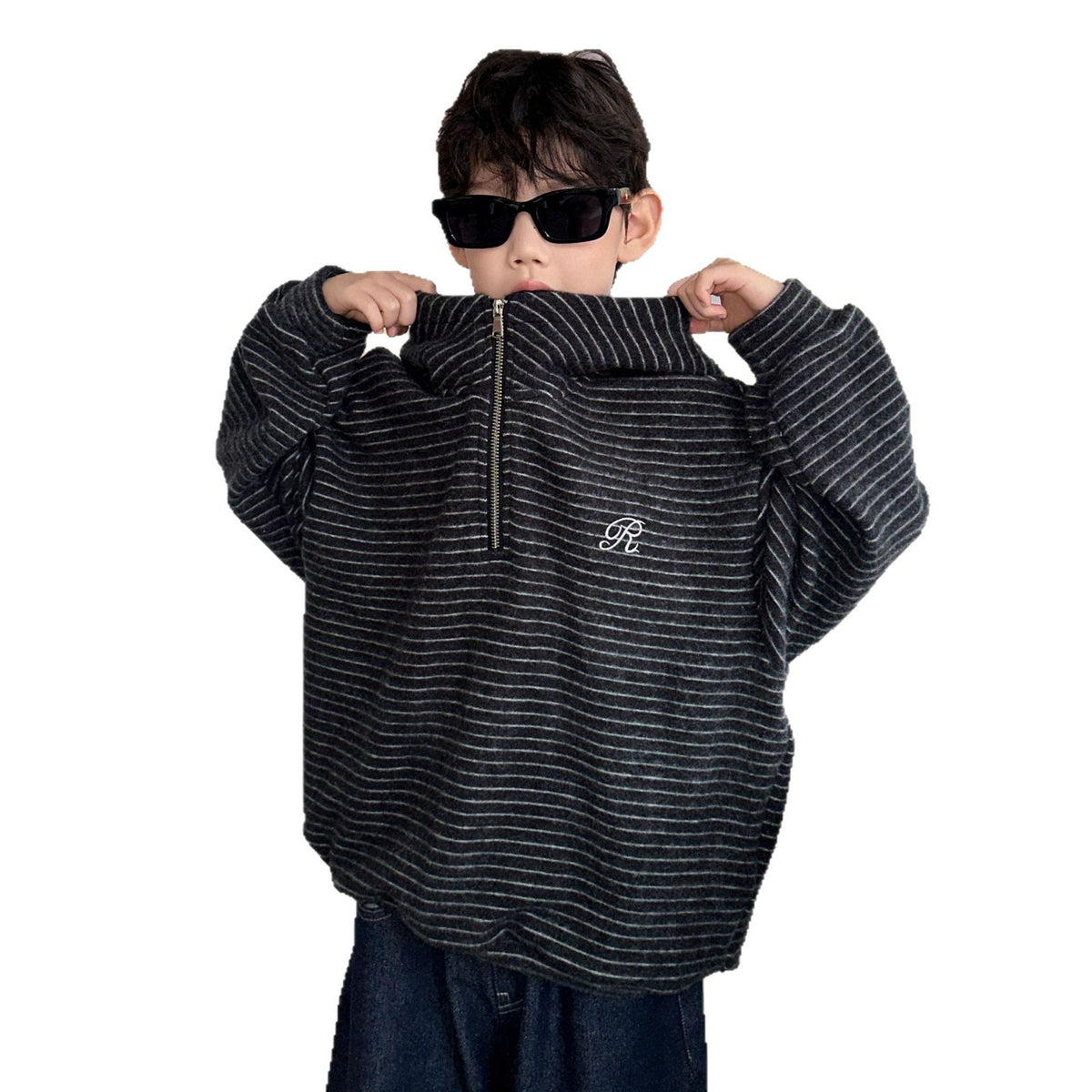 Boys Striped Hooded Fleece Lined Thick Long Sleeve Loose Sweatshirt